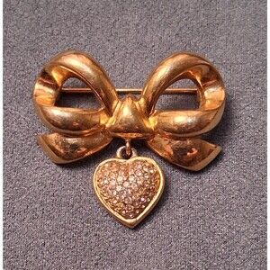 Whiting & Davis Heart Brooch Vintage Rhinestone Dangle Bow